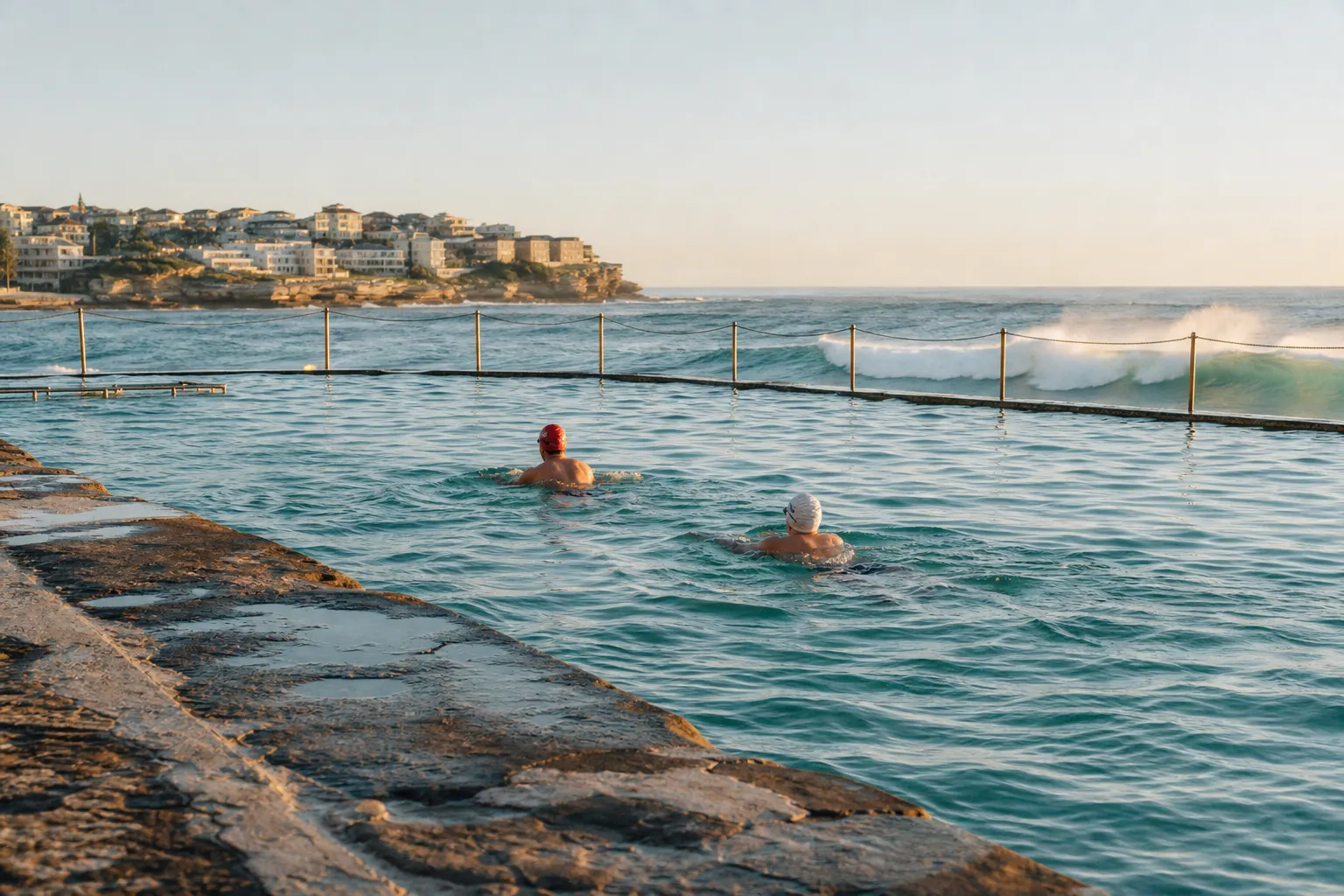 Swimmers crossing Bronte ocean pool at dawn