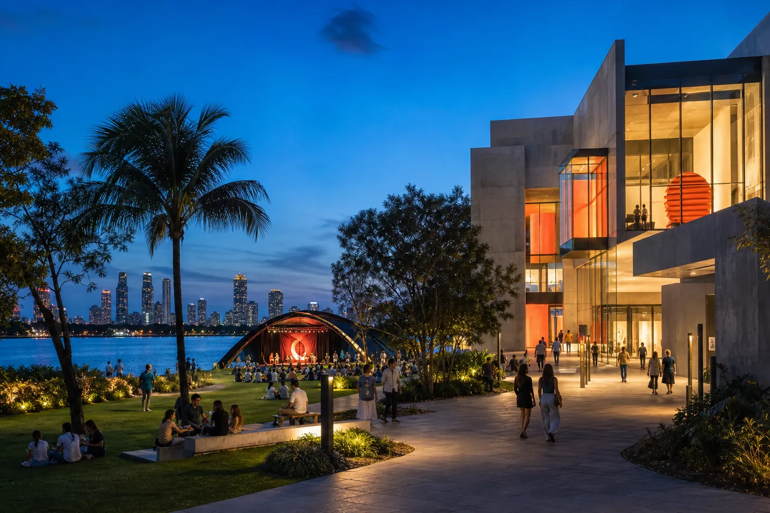 People gathering beside a lakeside Gold Coast arts precinct at dusk