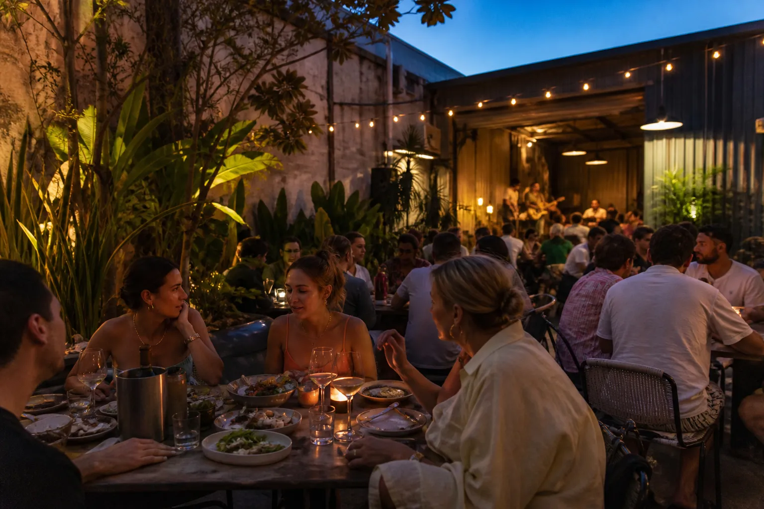 Friends sharing dinner in an open-air Gold Coast courtyard at blue hour