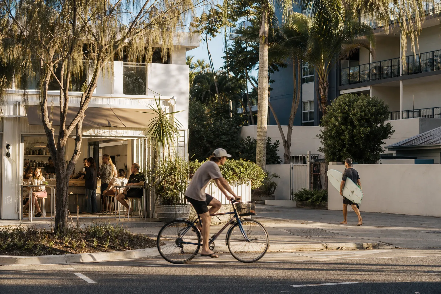 Cyclist and surfer passing a neighbourhood cafe in Palm Beach